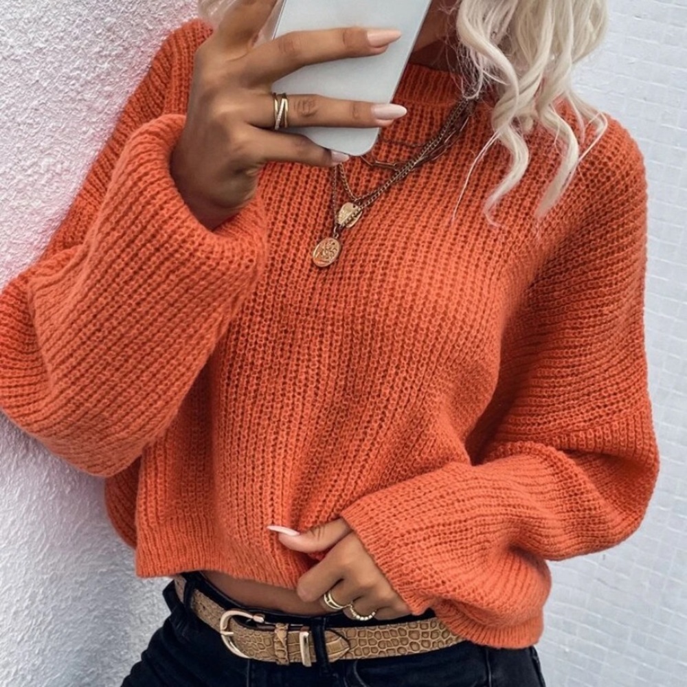 SOLD OUT Pumpkin Orange Drop Shoulder Knit Cropped Pullover Long Sleeve Sweater - Picture 1 of 3